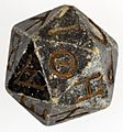 Twenty-sided die (icosahedron) with faces inscribed with Greek letters MET 10.130.1158 001