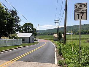 2019-05-19 13 41 57 View south along Maryland State Route 17 (Potomac Street) between Main Street and Lake Side Drive in Burkittsville, Frederick County, Maryland