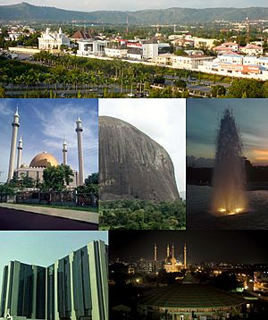 From top (L–R): View of a street in Maitama District, Abuja National Mosque, Zuma Rock, fountain in Millennium Park, Central Bank headquarters, and nighttime skyline of Central Business District, Abuja
