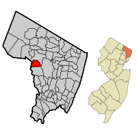 Map highlighting Glen Rock's location within Bergen County. Inset: Bergen County's location within New Jersey