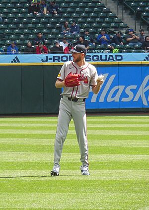 Chris Sale warming up for the Braves in Seattle, 2024