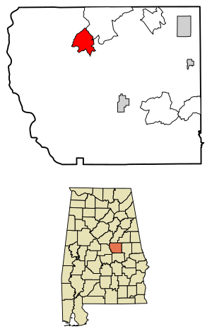 Location of Weogufka in Coosa County, Alabama.