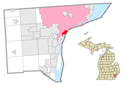 Location of Delray (red) within the city of Detroit (pink) in Wayne County