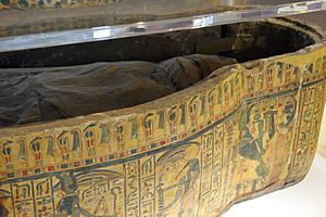 Detail. Coffin base and mummy of priest Iufenamun. The lid belonged to another coffin of Tjentweretheqau. From Egypt. National Museum of Scotland, Edinburgh, Scotland, UK