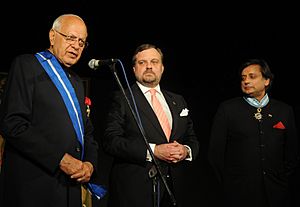 Farooq Abdullah addressing after being conferred the Civilian Honour by the Spain Government on the occasion of the National Day of Spain, in New Delhi. The Ambassador of Spain to India