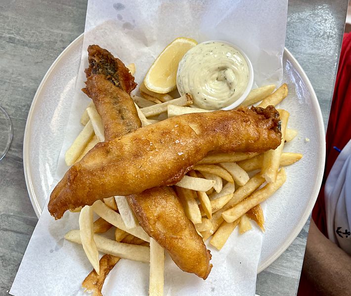 Image Fish and chips at Boardwalk Bistro on Hastings, Noosa Heads, 2021