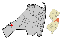 Map of Roosevelt in Monmouth County. Inset: Location of Monmouth County highlighted in the State of New Jersey.