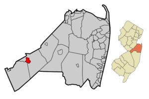 Map of Roosevelt in Monmouth County. Inset: Location of Monmouth County highlighted in the State of New Jersey.
