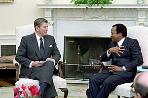 President Ronald Reagan meeting with President Paul Biya of Cameroon in the Oval Office