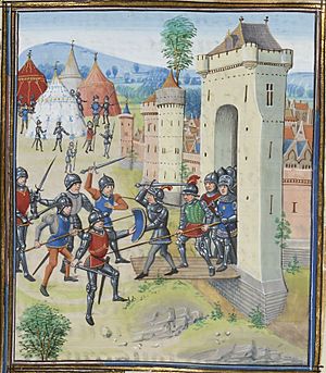 A colourful contemporary image of a medieval town under assault