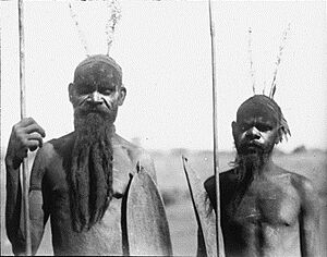 Two men with wooden hair ornaments, spears and shields, photograph by H. Basedow