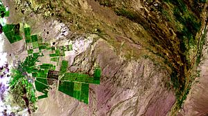Villa de Concepción de Aimogasta, north of Providencia de La Rioja, Argentina, on the left. in the false-color image from the CBERS4 satellite, surrounded by irrigated olive and jojoba plantations, in green tones