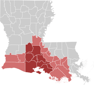 Map of Louisiana with Acadiana highlighted, and the heart of Acadiana in dark red