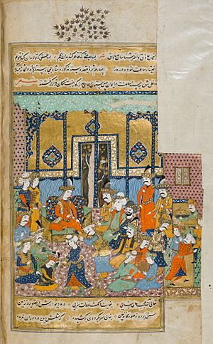Accession of Shah ʽAbbās I to the throne in Qazvin. Page from Qāḍī Aḥmad Qummī's Ḫulāṣat at-tawārīḫ