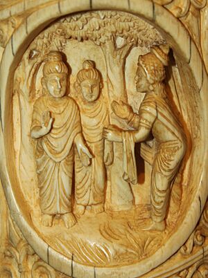 Bimbisar welcoming Buddha Roundel 30 buddha ivory tusk