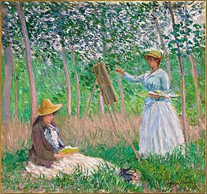 Claude Monet - In the Woods at Giverny- Blanche Hoschedé at Her Easel with Suzanne Hoschedé Reading - Google Art Project.jpg