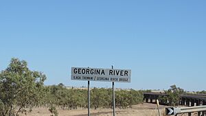 Crossing the bridge over the waterless Georgina River on the Barkly High heading west out of Camooweal, 2019