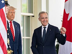 Donald Trump greets Prime Minister of Canada Mark Carney, Tuesday, May 6, 2025, at the West Wing entrance of the White House