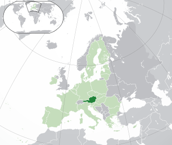 Location of  Austria  (dark green)– on the European continent  (green & dark grey)– in the European Union  (green)  —  [Legend]