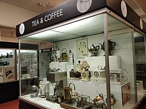 Exhibit of Teasmades and other tea makers at the Science Museum, London, 2019