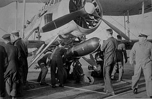 Fairey Swordfish being loaded with a torpedo on the deck of HMS Ark Royal (91) in 1941. (48831444676)
