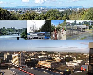 Hamilton from Till's Lookout, from Whitiora to Fairfield Bridge, traffic on SH1, Māori Garden, Hamilton Station, city offices and WINTEC