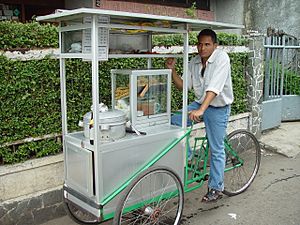 Indonesian travelling meatball vendor on bike