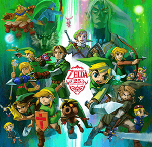 Artwork showing various incarnations of Link on a green background