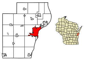 Location of Manitowoc in Manitowoc County, Wisconsin.