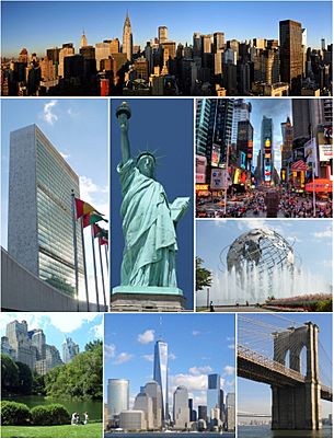 Clockwise, from top: Midtown Manhattan, Times Square, the Unisphere in Queens, the Brooklyn Bridge, Lower Manhattan with One World Trade Center, Central Park, the headquarters of the United Nations, and the Statue of Liberty