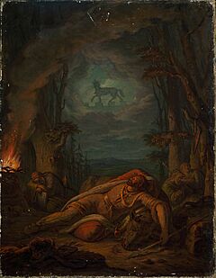 Painting depicting the Lithuanian Grand Duke Gediminas' dream about an Iron Wolf (painted by Aleksander Lesser in 1835)