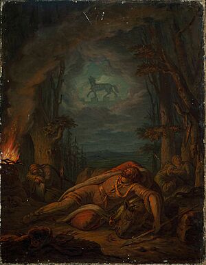 Painting depicting the Lithuanian Grand Duke Gediminas' dream about an Iron Wolf (painted by Aleksander Lesser in 1835)