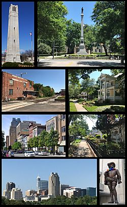 Clockwise from top left: NC State bell tower, Confederate monument at the North Carolina State Capitol (now removed), houses in Boylan Heights, houses in Historic Oakwood, statue of Sir Walter Raleigh, skyline of the downtown, Fayetteville Street, and the warehouse district