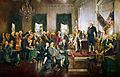 Painting of a crowd of men gathered in a hall with chandeliers and American flags. 