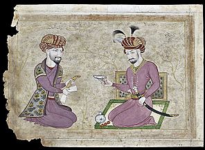 Shah Abbas II and a minister, I'timad al-Daulah, seated in discussion. Probably Delhi, after Safavid Persian originals, 19th Century