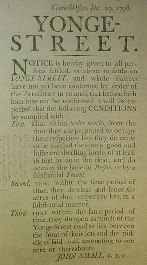 1798 Document York Ontario For Settlers To Build Yonge Street in front of their granted lot