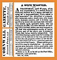 18281018 Wife Wanted - Royal Cornwall Gazette, Falmouth Packet and Plymouth Journal