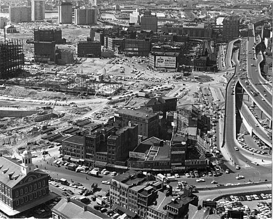 Aerial view of Government Center construction, 1960s