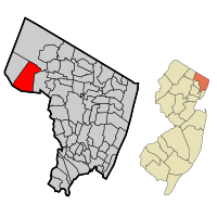 Map highlighting Franklin Lakes's location within Bergen County. Inset: Bergen County's location within New Jersey