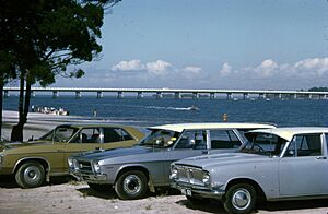 Bribie Island Bridge crossing Pumicestone Passage, Bribie Island, 1974