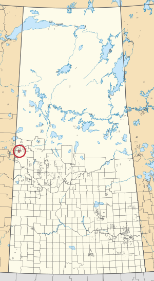 A map of the province of Saskatchewan showing 299 rural municipalities and hundreds of small Indian reserves. One is highlighted with a red circle.