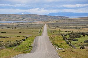 The unpaved Road Y-50 in Chilean Patagonia, about 70 km north of Punta Arenas, going towards Rio Verde. On the left side is the narrow Fitz Roy Channel, with Isla Riesco on the other side. This area is very sparsely populated