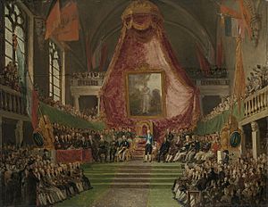 De plechtige installatie van de Universiteit van Gent door de prins van Oranje in de troonzaal van het stadhuis op 9 oktober 1817. Rijksmuseum SK-A-4088