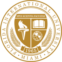 A gold and white seal. On the outer roundel are the words Florida International University and Miami, set in a serif. A shield topped with the motto "Spes Scientia Facultas" dominates the middle. Beneath are a torch, book, and globe. A scroll beneath the shield contains the year of foundation, 1968, and a laurel.
