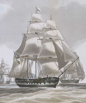 HM Frigate Ariadne leaving St Helena, in July 1830 escorting HEIC ships RMG PY8462 (cropped).jpg