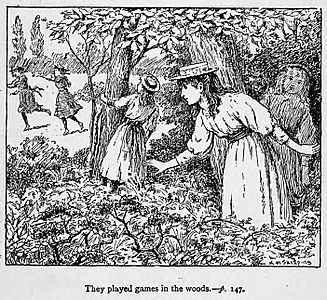 Illustrations by K. M. Skeaping for the Holiday Prize by E. D. Adams-pg-147-They played games in the wood