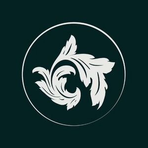 The company's logo. It consists of a stylised plant with several leaves, in white on background kept in a single dark green-blue