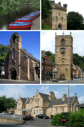 A montage of images from Morpeth, which are images of the River Wansbeck, Morpeth Castle, Morpeth Clock Tower, Morpeth Chantry and Morpeth station. Clicking on an image in the picture causes the browser to load the appropriate article.