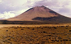 A conical mountain rising above yellow vegetation