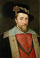 Portrait of James I of England wearing the jewel called the Three Brothers in his hat